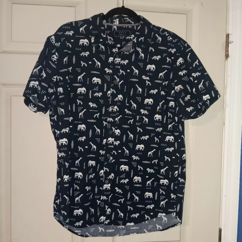 21men Dark Blue Animal Pattern Men's Button Down Shirt Sz L